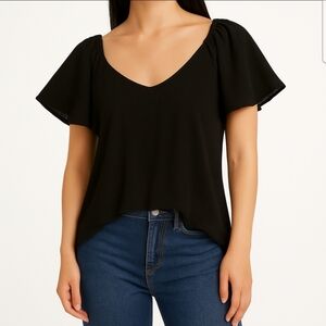 Ava & Viv Black Vneck Top With Ribbed Knit Body And Textured Sleeves Sz 3X